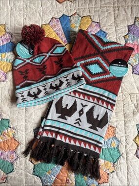Ski Hat & Scarf Set - Maroon and Turquoise PNW Coast Salish inspired design